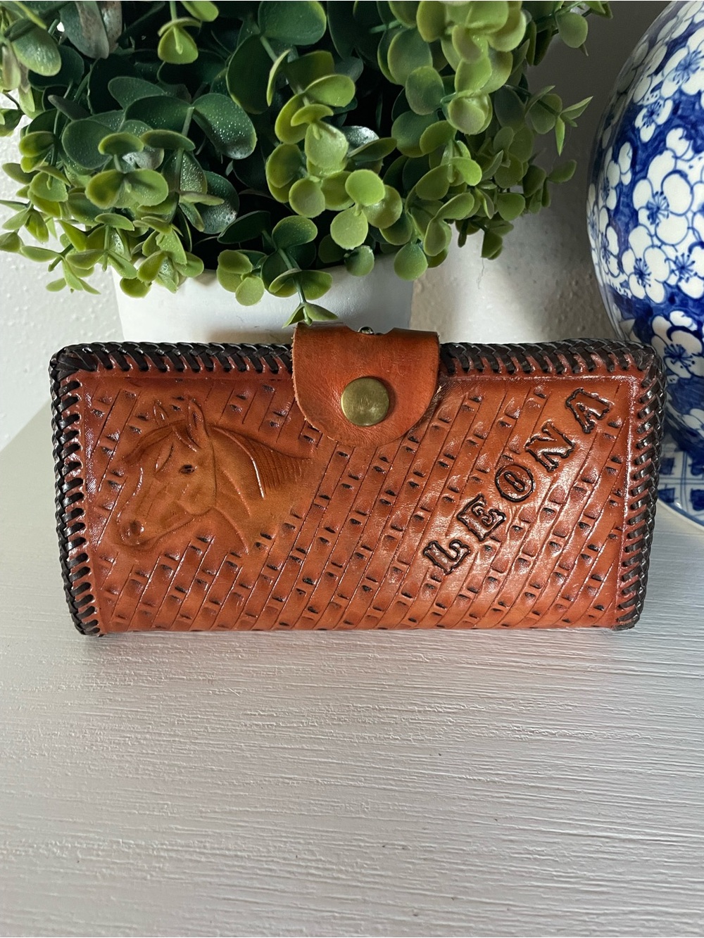 Vintage Western Womens Hand Tooled Leather Wallet “Leona” Horse Design